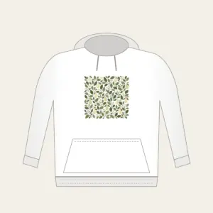Pear and Leaf Mosaic Hoodie in white: Leaves and tiny pears form a mosaic in sage, olive and cream.
