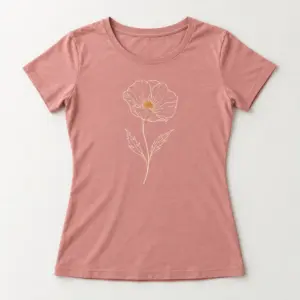 Poppy Line Women's Tee with single cream line-art poppy with two thin leaves and a small ochre center printed at center chest