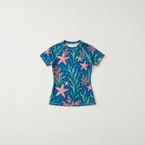 Starfish Garden Women's Rash Guard with all-over starfish and seaweed in coral and green on deep blue