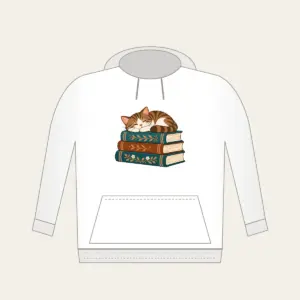 Cat Napping on Three Books Hoodie in white: A cat curled up asleep on a stack of three books, in warm brown and teal.