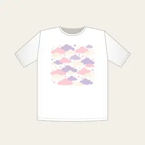 Lilac Cloud Rows T-Shirt in white: Rows of clouds in lilac, blush and cream with small stars between.