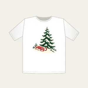 Red Sled on a Snowy Hill T-Shirt in white: A small red sled on a snowy hill beside a tall pine in cream, red and green.
