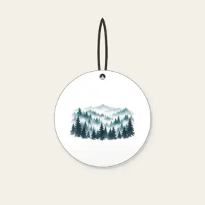 Pine Rows Fading into Mist Ceramic Ornament in white: Rows of pine silhouettes recede into mist in slate, teal and white.