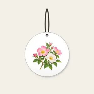 Wild Rose Branch Ceramic Ornament in white: A branch of wild roses with pink and white blossoms and fresh green leaves.