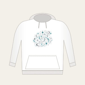 Charcoal Night Trail of Stars and Paths Hoodie in white: An all-over pattern of stars and path lines in charcoal, silver and teal.