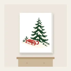 Red Sled on a Snowy Hill Canvas Print in white: A small red sled on a snowy hill beside a tall pine in cream, red and green.
