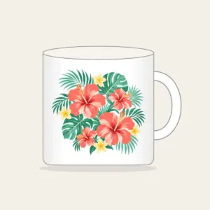 Coral Hibiscus Palm Sorbet Pattern Mug in white: Coral hibiscus blooms and palm leaves in mint and lemon spread across a cream field.
