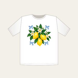 Lemons with Gingham Corners T-Shirt in white: Bright yellow lemons and deep green leaves on a clean white ground, tucked with small blue gingham accents.