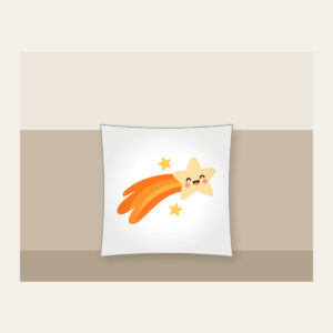 Cheerful Comet with Two Stars Pillow in white: A cheerful cream comet with an orange curved tail and two pale-yellow stars.