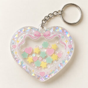 Confetti Heart Shaker Keychain with a heart-shaped window with floating confetti drawn in pink, gold and mint
