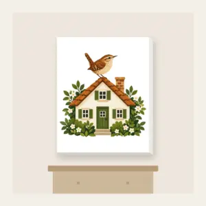 Wren on the Rooftop Canvas Print in white: A small house with a wren on its roof in warm brown, cream and green.
