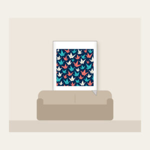 Origami Cranes on Navy Fleece Blanket in white: Folded paper cranes in coral, teal and cream scatter across a navy ground.