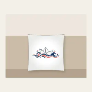 Folded Paper Boat on Navy Waves Pillow in white: A folded paper boat on fine-lined waves in navy and coral.