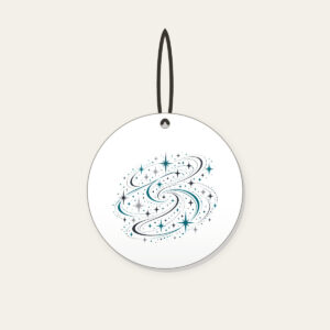 Charcoal Night Trail of Stars and Paths Ceramic Ornament in white: An all-over pattern of stars and path lines in charcoal, silver and teal.
