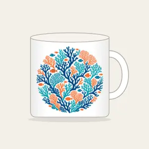 Branching Coral and Tiny Fish on Deep Blue Mug in white: Branching coral and small fish in teal and orange swim across a deep blue background.