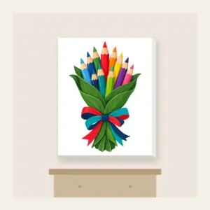 Pencil Bouquet Canvas Print in white: Colored pencils gathered like a bouquet in a green leaf wrapping with a red, teal and navy ribbon.