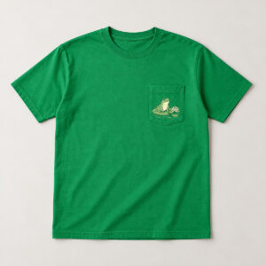 Pocket Frog Tee with a small frog on a lily pad peeking over the pocket edge in green and cream