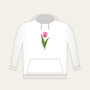 Single Pink Tulip with Long Leaves Hoodie in white: A single tall tulip with long leaves in pink and green.
