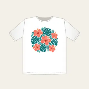 Coral Hibiscus and Monstera Leaves T-Shirt in white: Coral hibiscus flowers and teal monstera leaves repeat across a cream ground.