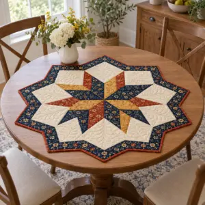 Quilt table topper with a navy and cream star patchwork medallion