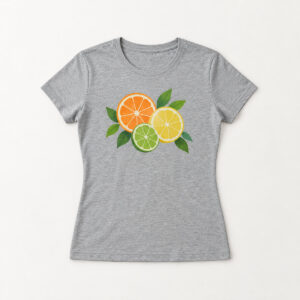 Citrus Slice Fitted Tee with centre chest print of three citrus slices with leaves as simple shapes in orange, lemon and green