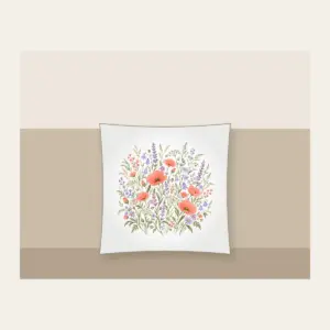 Coral and Lilac Wildflower Meadow Pillow in white: Wildflowers and swaying grasses in coral, lilac and sage spread across a cream ground.