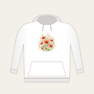 Poppies, Grasses and Tiny Butterflies Hoodie in white: All-over poppies, grasses and tiny butterflies in coral, gold and green on cream.