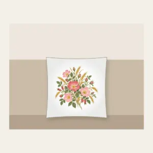 Prairie Roses and Wheat on Cream Pillow in white: Prairie roses and wheat stalks in rose, gold and sage scatter across a cream ground.