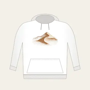 Rolling Dune in Topographic Lines Hoodie in white: Topographic contour lines shaped into a rolling dune, drawn in warm brown and cream.