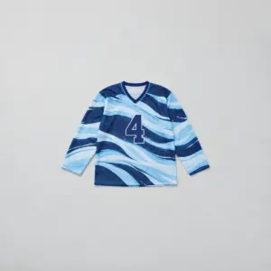Snowdrift Stripe Youth Hockey Jersey with all-over snowdrift stripes in ice blue and navy with the number "4" on the chest