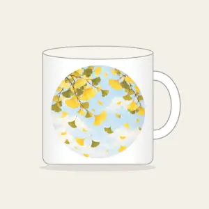 Falling Ginkgo Leaves Mug in white: Ginkgo leaves drift down in butter yellow and olive across a pale, pastel sky.