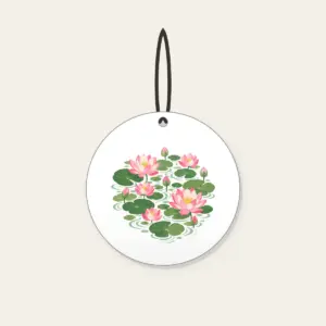 Lotus Blooms over Pond Ripples Ceramic Ornament in white: Lotus blooms float above pond ripples in pink, green and cream.