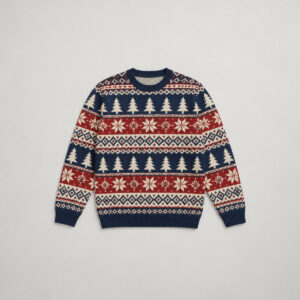 Alpine Fair-Isle Knitted Sweater with all-over fair-isle bands of pines, stars and diamonds in cream, brick red and navy