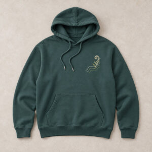 Blue Spruce Fern Trail Hoodie with compact front chest panel print of a single unfurling fern frond with three fine contour trail lines in cream and moss