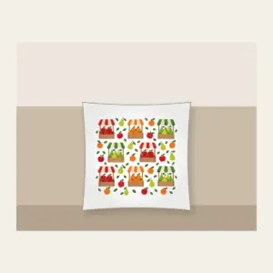 Fruit Crates and Striped Awnings Pillow in white: Crates of apples, oranges and pears under striped awnings in red, orange and green on cream, balanced for little ones.