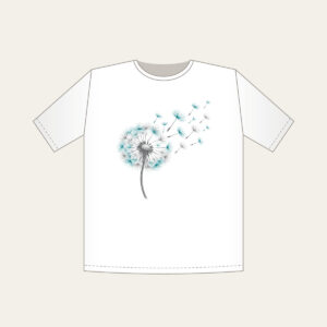 Dandelion Seed Head Drifting Away T-Shirt in white: A dandelion seed head releases seeds in grey and teal on white.