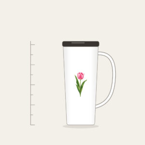 Single Pink Tulip with Long Leaves Tumbler with Handle in white: A single tall tulip with long leaves in pink and green.