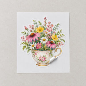 Teacup Garden Sticker with a teacup overflowing with wildflowers in pink, yellow and green on a white kiss-cut outline