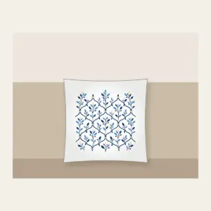 Navy Trellis and Leaf Pattern Pillow in white: A repeating trellis of fine lines and small leaves in navy, sky blue and cream.