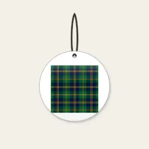 Green and Navy Plaid with Gold Lines Ceramic Ornament in white: A classic plaid of green and navy, finished with fine gold lines.