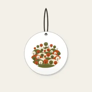 Rolling Orchard Hills Ceramic Ornament in white: Rows of round trees on hills in olive, rust and cream.