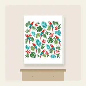 Parrots and Palm Leaves Repeat Canvas Print in white: Small parrots and palm leaves repeat in red, turquoise and green on cream.