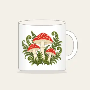 Red Toadstool Trio with Curling Ferns Mug in white: Three red-capped mushrooms with curling ferns in cream, red and moss green.
