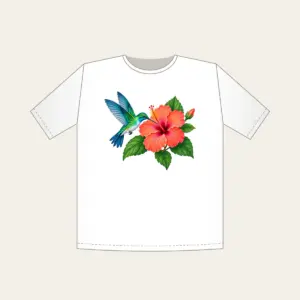 Hummingbird and Hibiscus T-Shirt in white: A hummingbird beside a coral hibiscus flower with green leaves on a pale teal field.