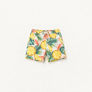 Pineapple Slice Youth Hawaiian Shorts with pineapple slices and palm leaves in yellow, green and coral on white