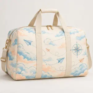 Travelling bag printed with clouds, paper planes and a compass rose