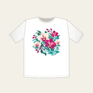 Orchids and Lagoon Ripples T-Shirt in white: Orchids and gentle lagoon ripples mix in teal, magenta and cream.
