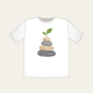 Cairn Stones with a Sprout T-Shirt in white: Stacked cairn stones in grey and sand, topped with a tiny green sprout.
