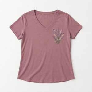 Lavender Field Relaxed V-Neck Tee with compact chest print of tall lavender stems and two small butterflies in violet, cream and sage