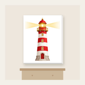 Striped Lighthouse Beam Canvas Print in white: A red and white striped lighthouse sends out a gentle golden beam of light.